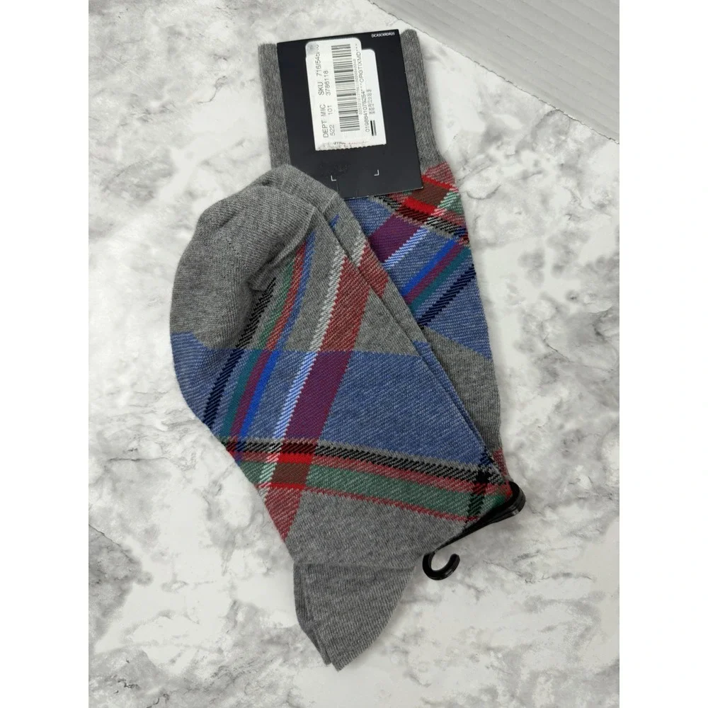 Cremieux Men's Gray Plaid Socks 1 Pair Fits Shoe Size 9-12 Made in Italy
